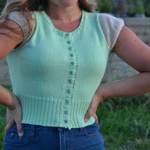 handmade Sweaters - Green and Beige Cropped Cardigan, size M